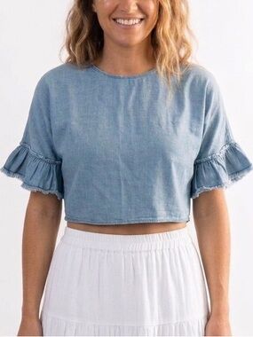 COUPE COLLECTION Denim Jean Crop Top Frilly Bell Sleeves Ruffle Y2K Size Medium